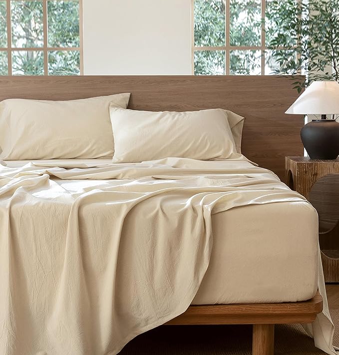 MooMee Bedding Sheet Set 100% Washed Cotton Linen Like Textured Breathable Durable Soft Comfy (Heathered Almond Milk Grey, Twin)