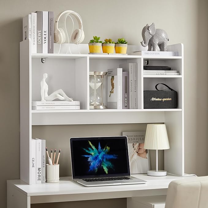 Desktop Bookshelf, Wooden Desk Storage Hutch with 6 Shelves for Computer Desk, 3-Tier Desktop Display Organizer Rack for Office Home (White)