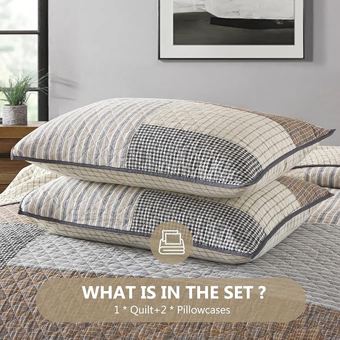 Quilts Queen Size - Queen Quilt Bedspread, 100% Cotton Patchwork Quilt Bedding Set for Queen Bed, 3 Pieces Plaid Farmhouse Reversible Rustic Lightweight Comforter Spread, Brown/Beige/Gray