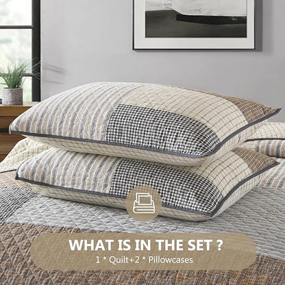 Quilts King Size - King Quilt Bedspread Sets, 100% Cotton Patchwork Quilt Bedding Set for King Bed, 3 Pieces Plaid Farmhouse Reversible Rustic Lightweight Comforter Spread, Brown/Beige/Gray