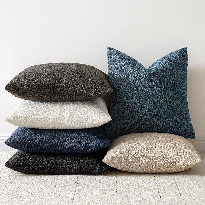 Woaboy Pack of 2 20x20 Inch Decorative Boucle Throw Pillow Covers Textured Square Pillowcaes Accent Solid Cozy Soft Cushion Covers Home Decor for Sofa Couch Living Room Home Decor,Black