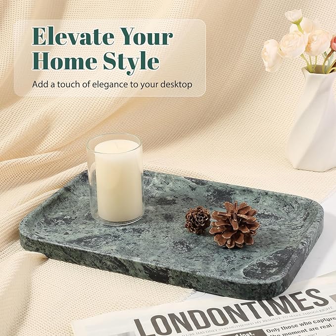 Koville Marble Tray, 12"x8" Natural Marble Vanity Tray for Countertop Bathroom Kitchen Dresser, Decorative Marble Catchall Trays for Perfume Jewelry, Rectangular Stone Serving Tray(Green)