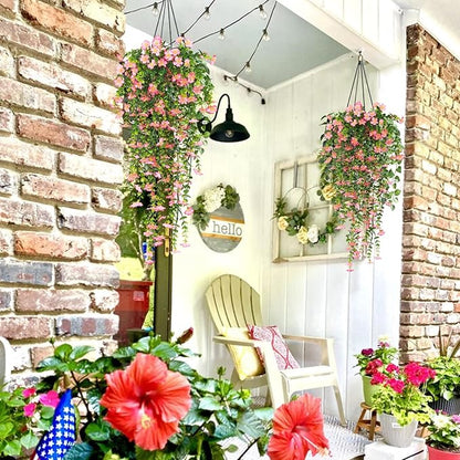 RECUTMS Artificial Hanging Flowers for Outdoors 4Pcs Faux Silk Daisy Plant with Eucalyptus Leaves UV Resistant Fake Flower Look Real for Home Garden Porch Patio Door (Pink)