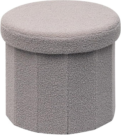 B FSOBEIIALEO Storage Ottoman Cube, Round Ottomans with Storage Foot Stool Footrest for Lving Room, Boucle Ottoman Seat for Dorm Room,Faux Teddy Fur, Grey 15"x15"x13.19"