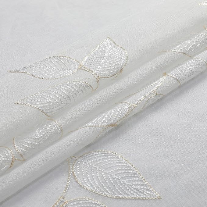 VISIONTEX Sheer Curtains 63 inch Length 2 Panels Set, Decorative Leaves Embroidery, Rod Pocket Embroidered Window Drapes for Living Room and Bedroom, 54" x 63"