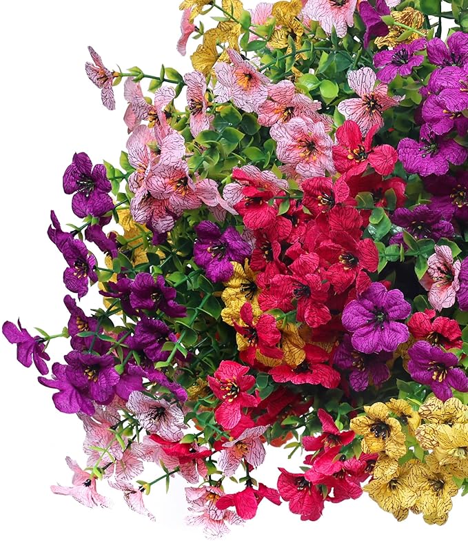 16 Bundles Artificial Flowers–UV Resistant Faux Mums for Garden, Patio, Porch & Home Décor, Realistic Fake Flowers for Weddings & Outdoor Planters (Pink, Yellow, Rose Red, Purple Mix)