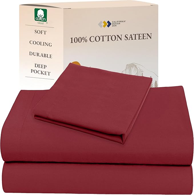 California Design Den Natural 100% Cotton Bed Sheets Twin Size Set - Soft Sateen Twin Sheets Set with Deep Pockets, Breathable and Durable Bedding for Dorm Rooms, College (Brick Red)