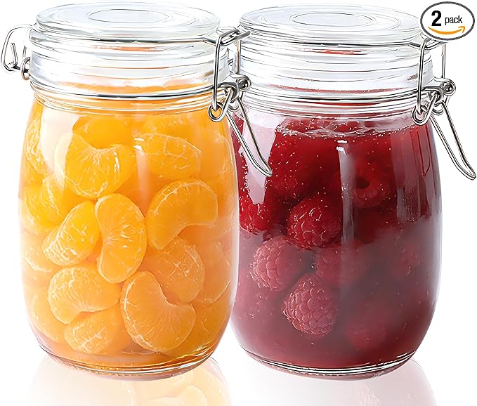 Airtight Glass Jar With Lids 32 OZ Wide Mouth Clear Storage Canisters 2 Pack Leakproof Food Storage Containers Glass Sealed Food Storage Jars With Metal Safety Buckle For Kitchen Pantry Organization