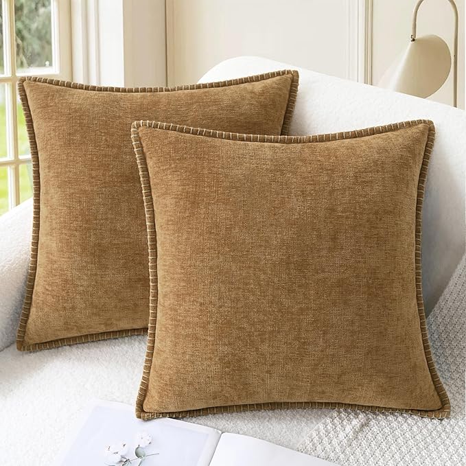CaliTime Throw Pillow Covers Decorative 16 X 16 Inches Pack of 2 Cotton Thread Stitching Edges Solid Dyed Soft Chenille Cushion Cases for Couch Sofa Bed Living Room Farmhouse Apricot Brown