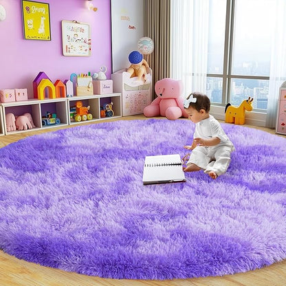 Round Fluffy Rugs 4Ft for Girls Bedroom, Tie-Dyed Purple Shag Circle Kids Rug Non-Slip for Bedside Dorm Nursery Playroom, Soft Cute Area Rugs for Living Room Decor