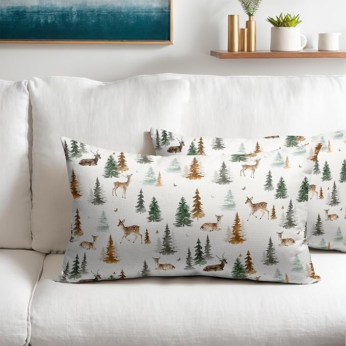Watercolor Deer Spring Pillow Covers 12x20 Set of 2 Forest Tree Throw Pillow Covers Rustic Pillowcase Linen Decoration Farmhouse Soft Decorative Green Brown Cushion Case Couch for Indoor Home Decor