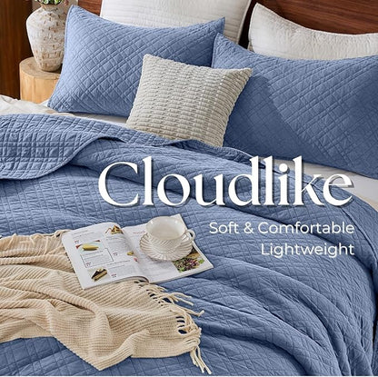 DOWN HOME King Quilt Set with Shams Lightweight Quilted Bedspread Coverlet Thin Comforter Bed Cover Vintage Washed Quilted Blanket for All Season, Brushed Microfiber Diamond Stitching, Blue, 104"x92"