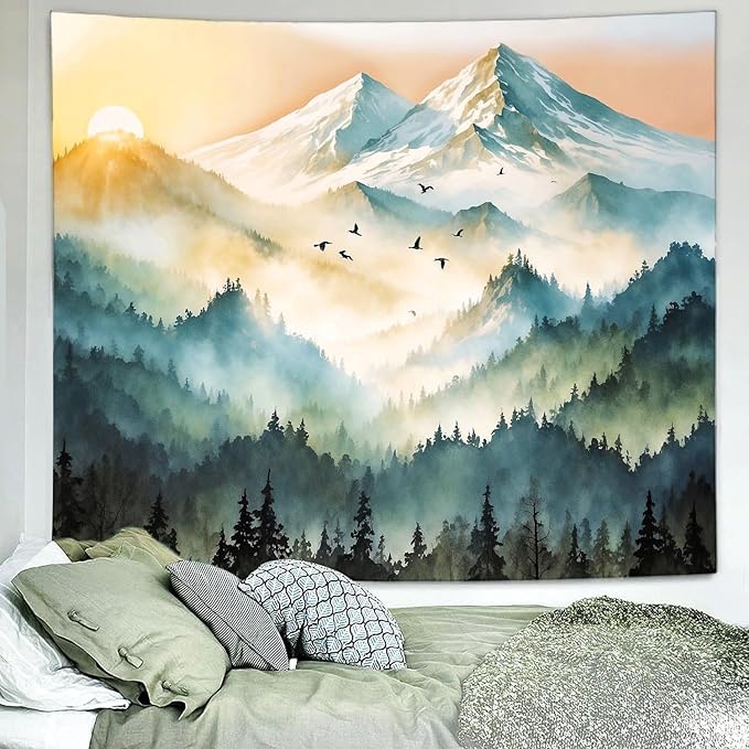 Delur Mountain Tapestry Boho Misty Sunset Forest Tree Tapestry Wall Hanging Sunrise Nature Landscape Psychedelic Headboard for Bedroom Living Room Home Decor (70.8" x 92.5")
