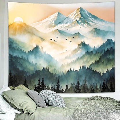 Delur Mountain Tapestry Boho Misty Sunset Forest Tree Tapestry Wall Hanging Sunrise Nature Landscape Psychedelic Headboard for Bedroom Living Room Home Decor (70.8" x 92.5")