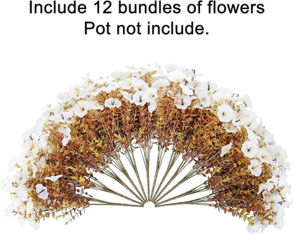 Fake Mums Fall Artificial Flowers Plants for Outdoors Autumn Decoration, 12 Bundles White Silk Morning Glory with Eucalyptus Realistic UV Resistant Faux Flowers for Outside Planter Yard Garden Porch