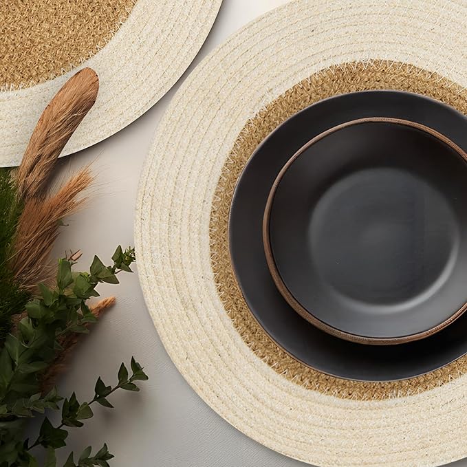 Eco Crave Jute Round Placemats Set of 4 – Hand Woven Natural Beige Jute with White Rim, 13 Inch Farmhouse Rustic Dining Drawstring Table Mats, Wicker Heat Resistant Durable Eco-Friendly Table Decor