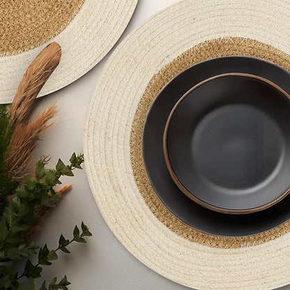 Eco Crave Jute Round Placemats Set of 4 – Hand Woven Natural Beige Jute with White Rim, 13 Inch Farmhouse Rustic Dining Drawstring Table Mats, Wicker Heat Resistant Durable Eco-Friendly Table Decor