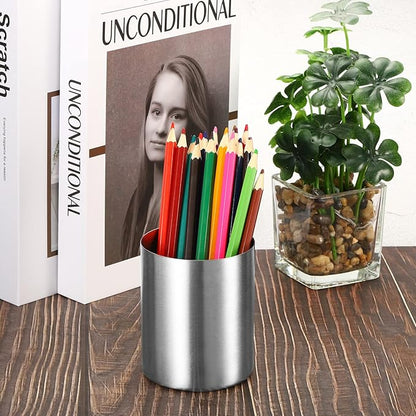 PATIKIL Pencil Holder, 2 Pack Pen Holder for Desk Stainless Steel Pencil Holders Cup Organizer Makeup Brush Holder for Desk Accessories, Silver