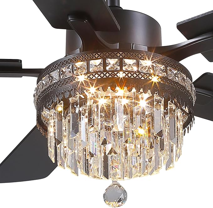 Asyko Crystal Ceiling Fan Fandelier with Lights - 46" Outdoor Fans with Remote Control，Crystal Ceiling Fans Noiseless DC Motor, Retro/Farmhouse Lighting, Dining Room,Living Room
