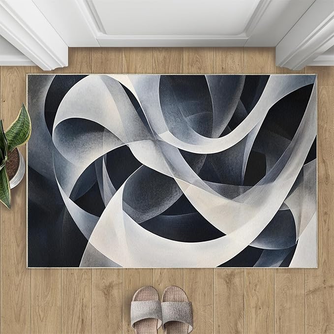 Abstract Lines Area Rug 5x6 Washable Rug Geometric Stripes Rugs for Living Room Minimalism Non Slip Carpet Floral Print Mat Bedroom Bathroom