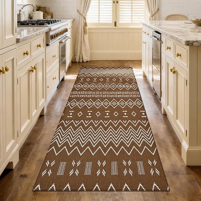 Boho Runner Rug for Kitchen 2x6 ft Washable Braided Rug,Non Slip Rubber Backed Faux Jute Rug,Cotton Entryway Runner Rugs Floor Carpet for Indoor Backdoor Bedroom,Brown/White