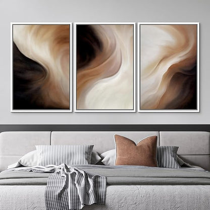 MUDECOR Framed Canvas Print Wall Art Abstract Neutral Brown and Beige Fluid Illustrations Realism Decorative for Living Room, Bedroom, Office - 16"x24"x3 White
