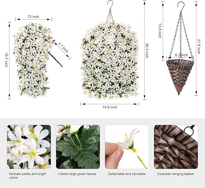 Artificial Flowers Plants for Outdoor with Basket, 4PCS Silk Hanging Faux Flowers Long Trailing Vines for Outside Home Porch Patio Decoration, White