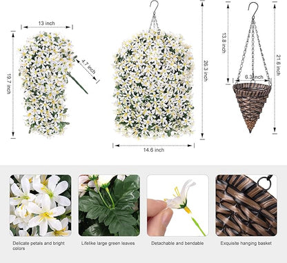 Artificial Flowers Plants for Outdoor with Basket, 4PCS Silk Hanging Faux Flowers Long Trailing Vines for Outside Home Porch Patio Decoration, White