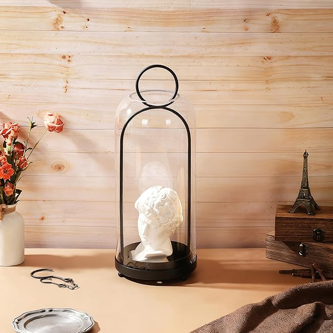 20" High Versatile Modern Metal Hurricane Lantern with Handmade Sturdy Glass Dome in Black for Pillar Candle & Plants, Industrial, Farmhouse, Shabby Chic (Black, 7.5"x20")