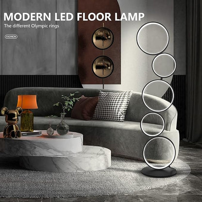 LED Modern Floor Lamp for Bedroom, 3 Way Bright Dimmable Corner Floor lamp with 5-Ring 2-in-1 Standing Tall End Table Lamp for Living Room & Office Reading Light, 3260LM, 6000K, Black.