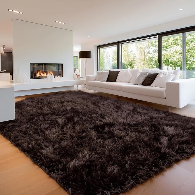 Super Area Rugs Ultra Soft & Fluffy Faux Sheepskin Rug, Black 8 x 10 Feet Carpet for Bedroom Living Room
