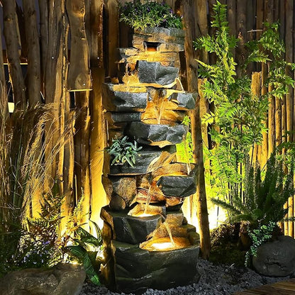 58" H Outdoor Water Fountain with 7 Tiers Large Cascading Realistic Rock Waterfall Fountains with LED Lights Outdoor Water Fountain for Garden Patio Backyard Porch Home Decor