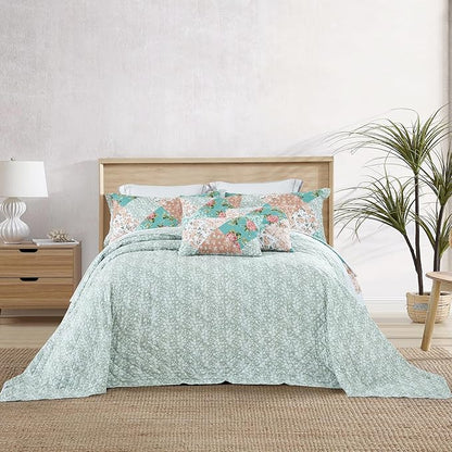 Oversized King Bedspread, Farmhouse Patchwork Floral Quilt Bedding Cover, Reversible, 6 Piece, 100% Microfiber, King/Cal King, Rosa Chinensis Jacq