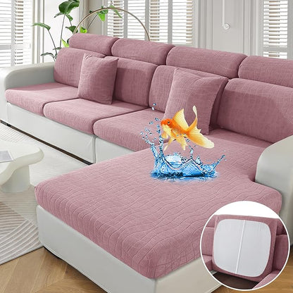 MAXIJIN Waterproof 3 Pieces Couch Cushion Covers for Sectional Sofa Seat Slipcover Stretch Sectional Couch Cover for L Shape Left/Right Chaise with Elastic Bottom (2 Seater + 1 Chaise, Dusty Pink)