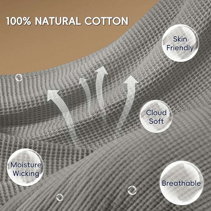 PHF 100% Cotton Waffle & Muslin Blanket Queen Size, Soft Breathable Luxury 400GSM Versatile Reversible Bedding for Bed, Great for Layering in Cold Weather, Home Decor Gift, 90" x 90", Frosted Grey