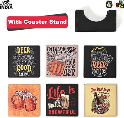 GKD Wooden Coasters for Drinks, Motivational MDF Wooden Coasters Set of 6 with Holder, 3.8 inches Eco-Friendly Absorbent Coaster for Coffee Table, Office, Bar, Drinking Glasses, Tabletop Protection