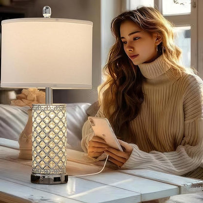 Modern Crystal Table Lamp - 24in Silver Bedroom Lamps 3-Way Dimmable Touch Lamp with Night Light, 2 USB Ports + AC Outlet, Bedside Night Stand Lamp for Living Room Office (Silver- 1 Pack 24In)