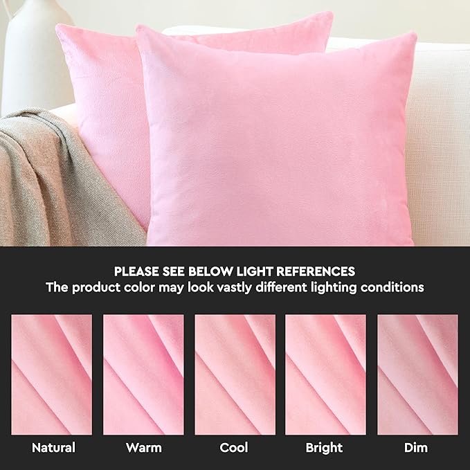 Encasa XO Velvet Throw Pillow Covers 12x12 in (30x30 cm) - Light Pink - No Inserts, Pack of 2 Cases | Solid Plain Dyed Soft & Smooth, Square Decorative Cushion Covers for Living & Bedroom