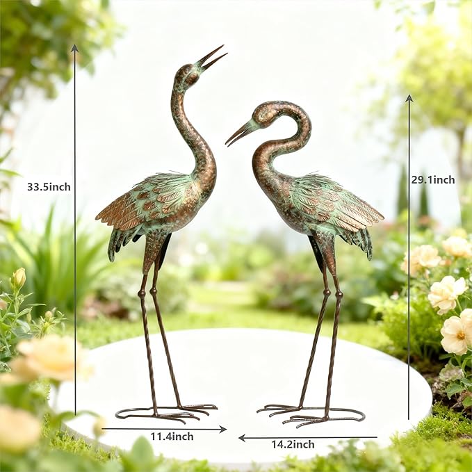 Shorayn Garden Crane Statues, Blue Heron Sculptures for Outdoor, Cranes Decor Metal Bird, Patina Garden Art Lawn Ornaments for Yard Patio Porch Outside Decorations