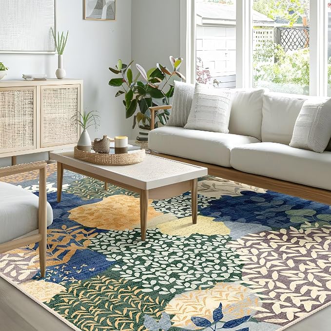 DEXDE Area Rugs for Living Room 4x6.5, Washable Non Slip Boho Rugs Throw Carpet for Bedroom Bedside Dorm Dining Room Indoor Soft Floral Home Decor, Blue