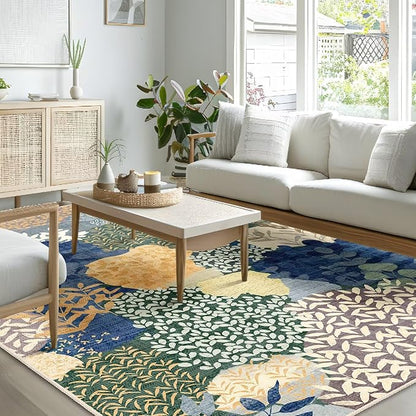 DEXDE Area Rugs for Living Room 4x6.5, Washable Non Slip Boho Rugs Throw Carpet for Bedroom Bedside Dorm Dining Room Indoor Soft Floral Home Decor, Blue