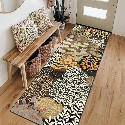 DEXDE Runner Rug 2x6, Washable Hallway Boho Soft Area Rugs Abstract Long Non Slip Botanical Leaves Floral Print Carpet for Entryway Kitchen Laundry Bedroom,Black