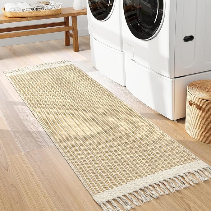 Lahome Boho Bathroom Runner Rug, 2x6 Laundry Room Lightweight Entry Runner Woven Cotton Throw Carpet with Tassels, Farmhouse Non Shedding Washable Rugs Low Pile for Kitchen Hallway, Khaki