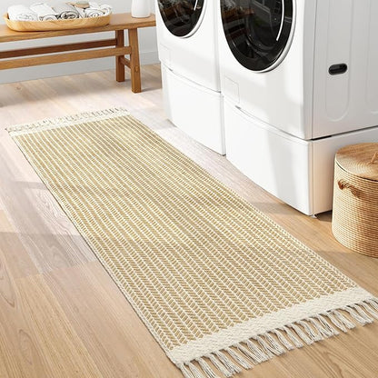 Lahome Boho Bathroom Runner Rug, 2x6 Laundry Room Lightweight Entry Runner Woven Cotton Throw Carpet with Tassels, Farmhouse Non Shedding Washable Rugs Low Pile for Kitchen Hallway, Khaki
