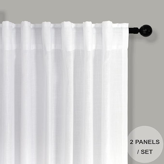 102 Inch Curtains White Linen Drapes for Bedroom 2 Panels Set Back Tab Loop Pocket Cotton Textured Lace Look Semi Sheer Light Filter Curtains for Living Room Bay Window Vintage Farmhouse Decor 52x102