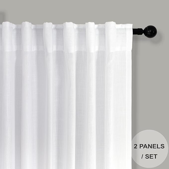Pitalk White Semi Sheer Curtains 36 Inch Wide for Living Room 2 Panels Set Back Tab Drapes Light Filtering Rod Pocket White Linen Curtains for Bedroom 36 x 84 Inch Length