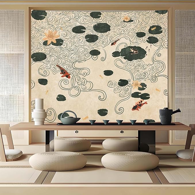 Lifeella Japanese Tapestry, Koi Pond Tapestry, Abstract Lotus Lily Wall Hanging, Zen Nature Aesthetic Art Wall Decor for Bedroom Living Room Dorm, Beige 44x60 inches
