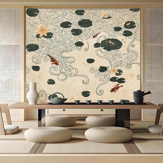 Lifeella Japanese Tapestry, Koi Pond Tapestry, Abstract Lotus Lily Wall Hanging, Zen Nature Aesthetic Art Wall Decor for Bedroom Living Room Dorm, Beige 44x60 inches