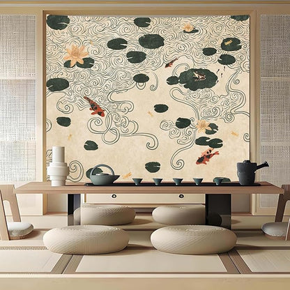 Lifeella Japanese Tapestry, Koi Pond Tapestry, Abstract Lotus Lily Wall Hanging, Zen Nature Aesthetic Art Wall Decor for Bedroom Living Room Dorm, Beige 36x48 inches
