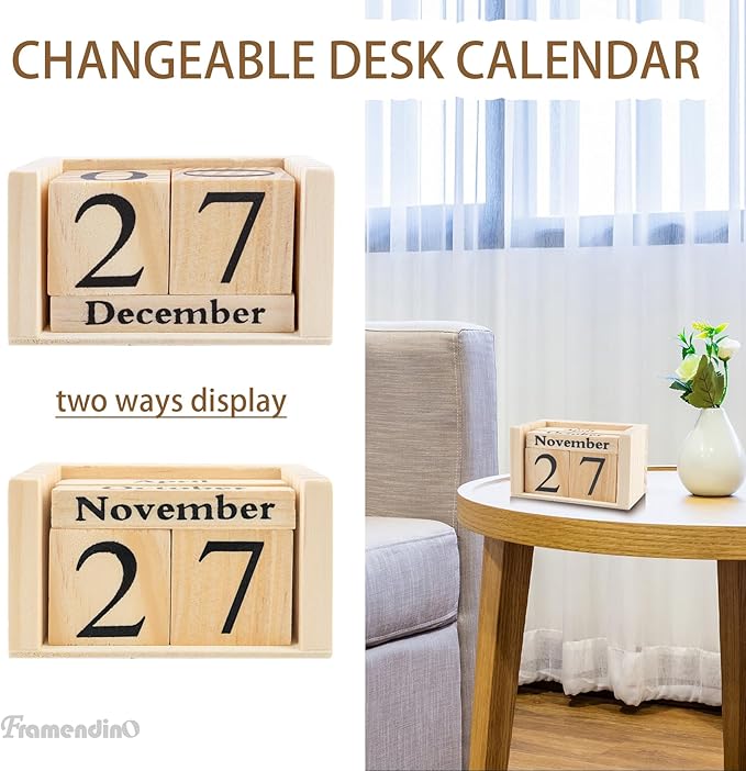 Framendino, Natural Vintage Wood Calendar Rustic Block Chic Perpetual Desktop Wooden Cubes for Home Office Desk Decoration